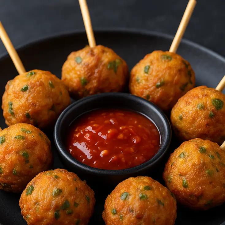 Veg Lollipop $7.99 - Vegetarian Indo-Chinese Appetizer at Desi Club Indian Street Food Edmonton - Deep-fried vegetable balls with spicy sauce
